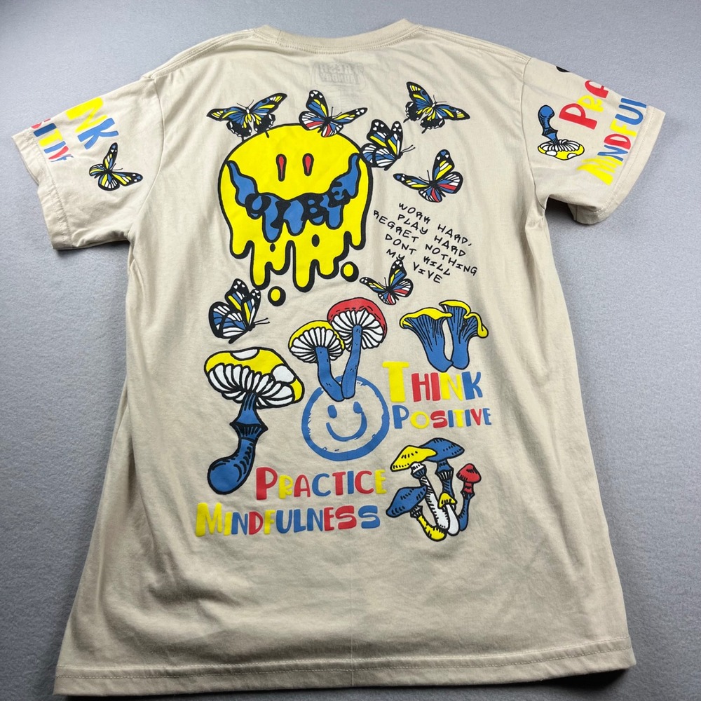 Fresh Laundry Mens Think Positive Mushroom Butterfly Graphic T-Shirt Tan Medium